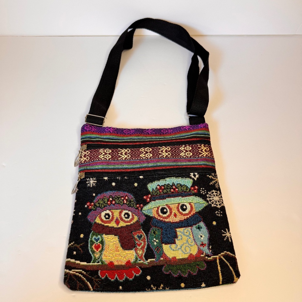 Embroidered Tapestry‎ Bag OWL Pair of Owls Couple 2-Zippered Pockets Adjustable